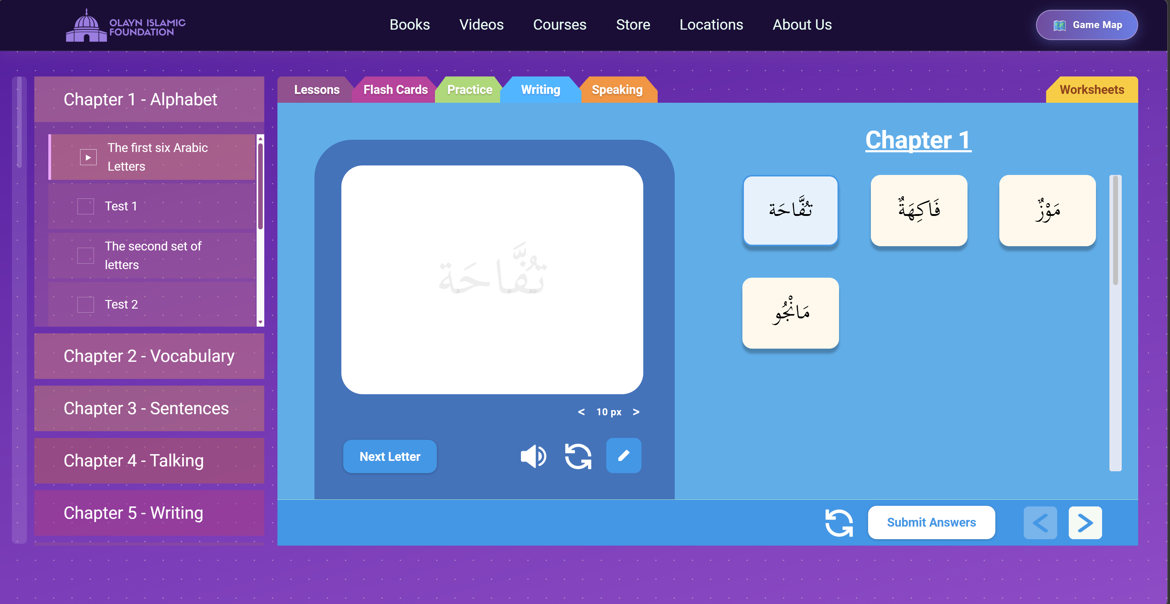 Olayn Course Interface — Arabic alphabet chapters with practice, writing, speaking tabs