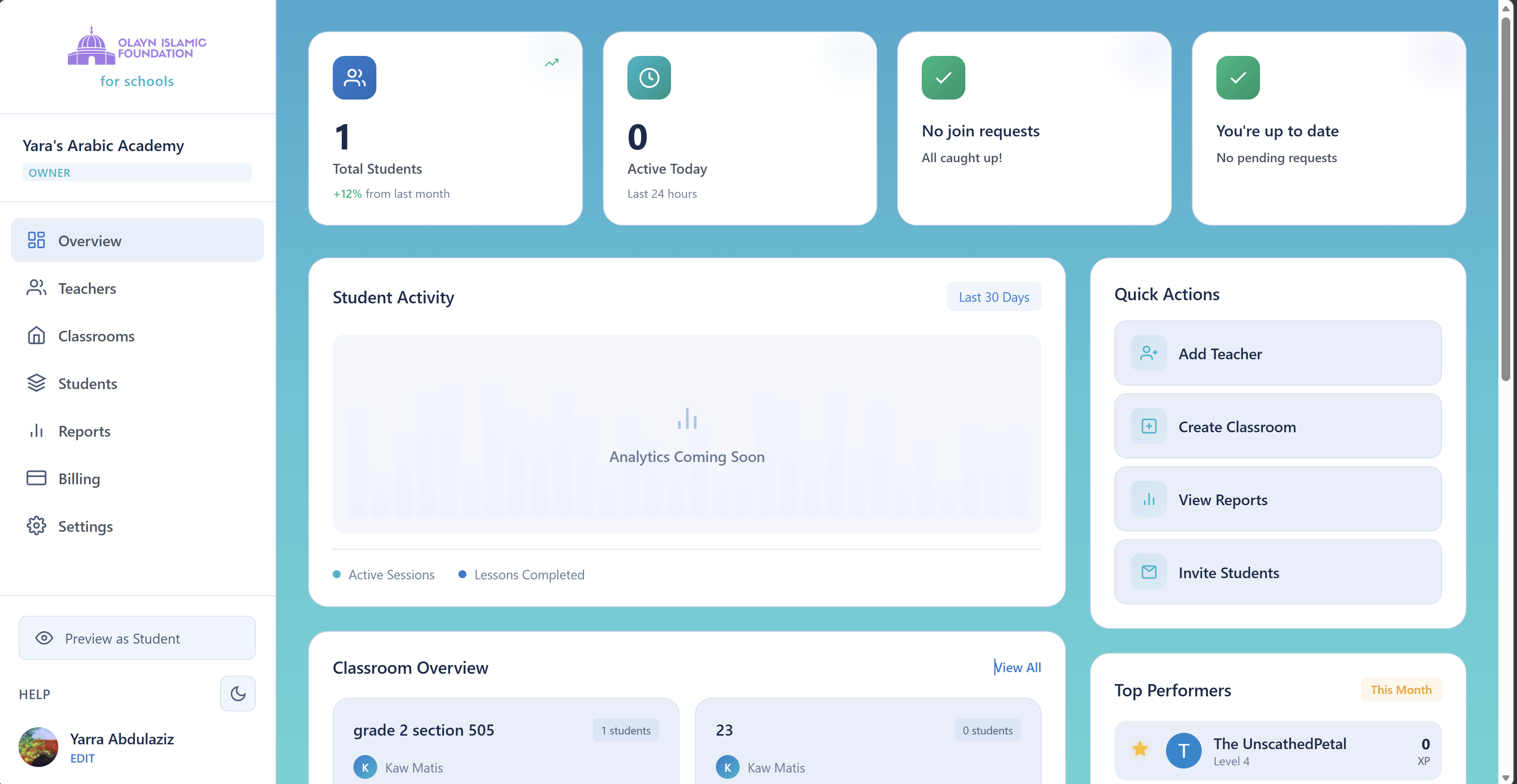 Olayn School Dashboard — Student activity analytics, classroom overview, quick actions